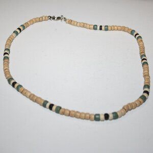 Beachy tan and teal wooden beaded necklace 16"
